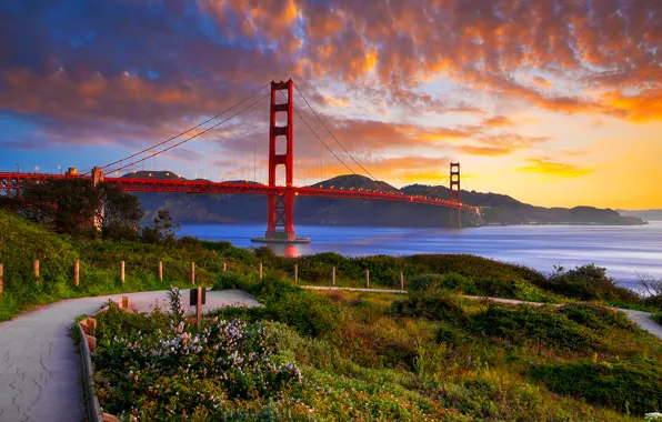 Картинка небо, облака, закат, горы, мост, вечер, залив, Золотые Ворота, Golden Gate