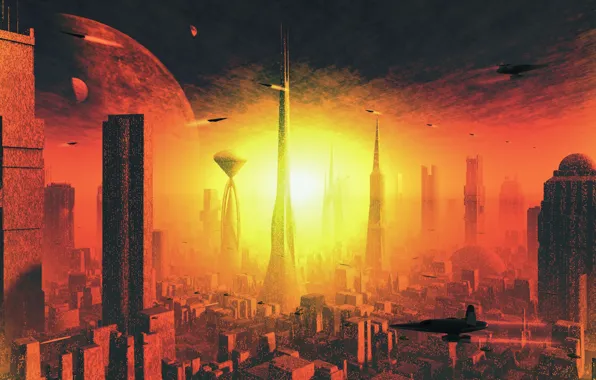 Картинка взрыв, апокалипсис, планеты, вспышка, небоскребы, башни, мегаполис