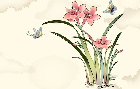 Картинка цветы, бабочка, арт, акварель