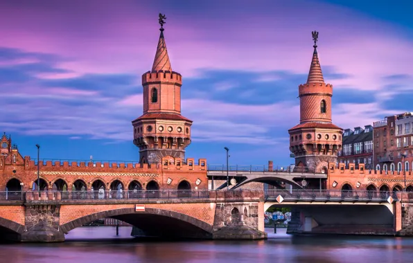Картинка мост, река, вечер, Германия, Берлин, Шпрее, Oberbaumbrücke, Spree, Обербаумбрюкке, башенки