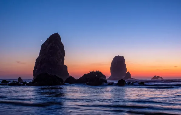 Картинка море, небо, камни, скалы, Орегон, зарево, США, Cannon Beach