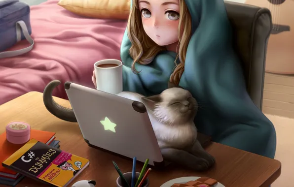 Картинка кот, девушка, комната, аниме, арт, одеяло, ноутбук, kotikomori