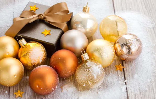 Картинка шарики, коробка, подарок, шары, Новый Год, Рождество, лента, декорации, Christmas, золотые, коричневая, праздники, New Year, …