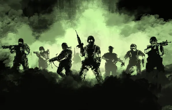 Картинка оружие, дым, солдаты, отряд