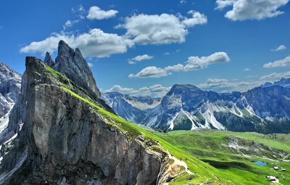 Картинка солнце, облака, горы, скалы, Альпы, Италия, панорама, Gardena