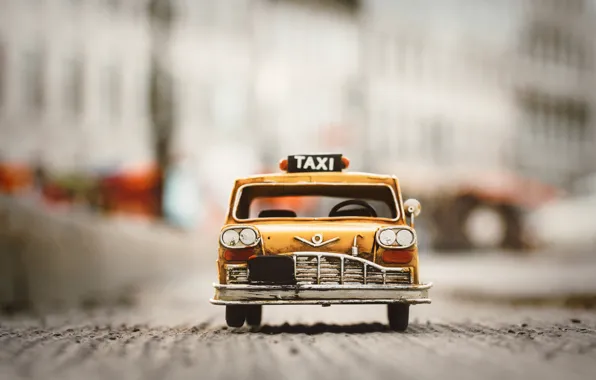 Картинка car, игрушка, старое, такси, желтое, toy, street, asphalt, моделька, miniature, модель автомобиля