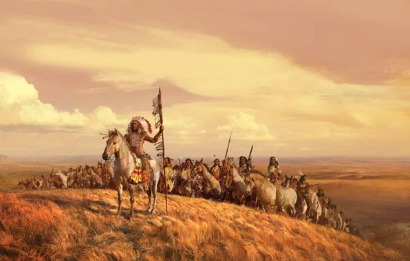 Картинка поле, небо, трава, облака, рисунок, картина, лошади, воины, индейцы, вожак, воля