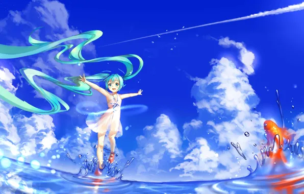 Картинка небо, вода, девушка, облака, брызги, рыбка, аниме, арт, vocaloid, hatsune miku