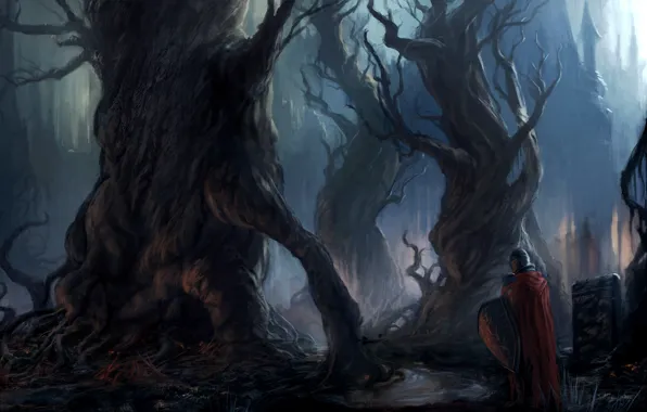 Картинка деревья, шит, рыцарь, плащ, art, Dark Souls