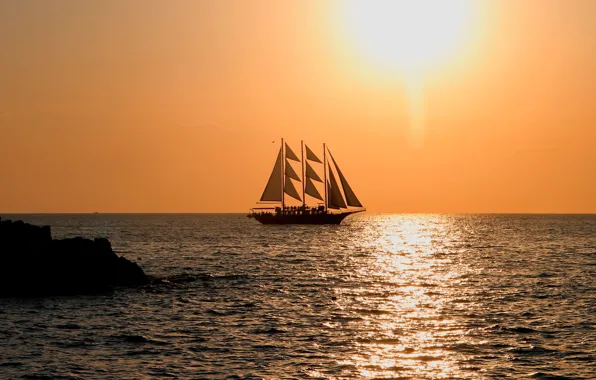 Картинка океан, парусник, вечер, evening, sun, sailboat
