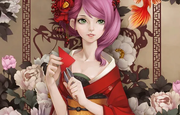 Картинка девушка, цветы, бумага, рыбка, рыба, арт, кимоно, ножницы, пионы, золотая, dong xiao