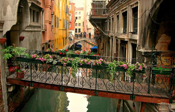 Картинка цветы, Венеция, канал, переход, мостик
