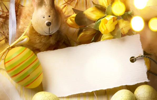 Картинка цветы, праздник, заяц, яйца, Пасха, тюльпаны, карточка, фигурка, боке, Easter, крашенки