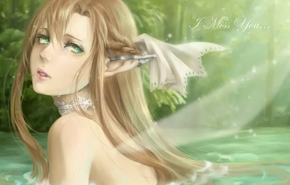 Картинка лес, вода, девушка, арт, уши, sword art online, yuuki asuna
