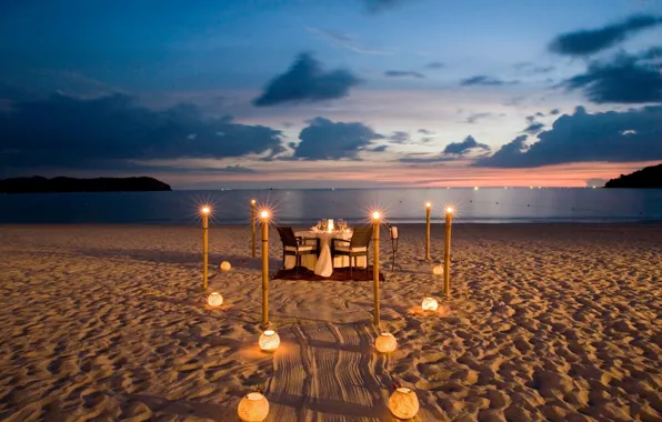 Картинка пляж, океан, вино, романтика, вечер, фонари, ужин