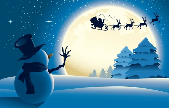 Картинка звезды, снег, деревья, новый год, снеговик, new year, trees, snow, stars, Merry Christmas, snowman, full …