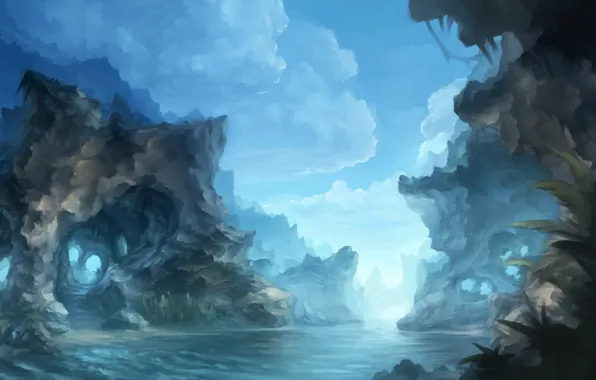 Картинка облака, река, скалы, нарисованный пейзаж