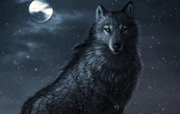 Картинка снег, ночь, луна, Волк, амулет, art, зеленые глаза, Dark_Sheyn, Winter night