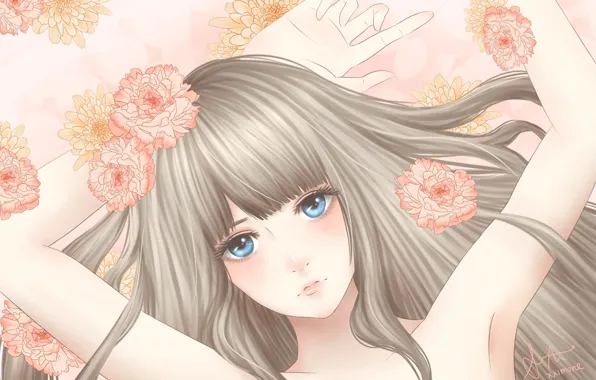 Картинка девушка, цветы, лицо, руки, голубые глаза