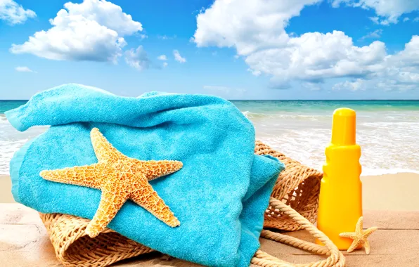 Картинка море, пляж, лето, солнце, отдых, summer, beach, каникулы, sea, sun, bag, vacation, starfish, towel, accessories