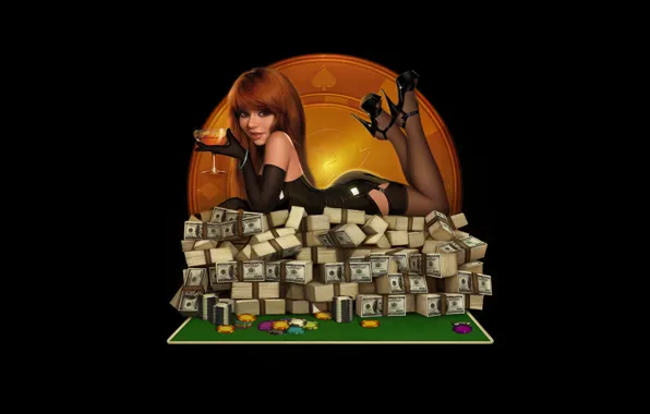 Картинка девушка, бокал, деньги, чулки, фишки, латекс, доллары, казино