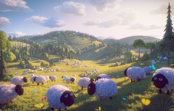 Картинка природа, холмы, овечки, 3d-графика