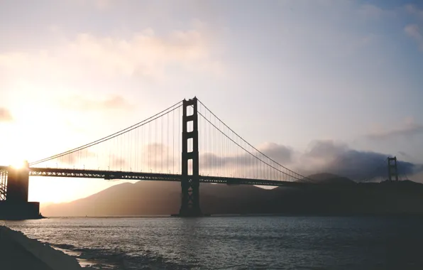 Картинка вода, закат, мост, океан, Сан-Франциско, Золотые ворота, подвесной мост