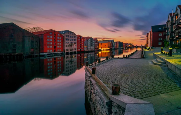 Картинка вода, свет, закат, Норвегия, канал, архитектура