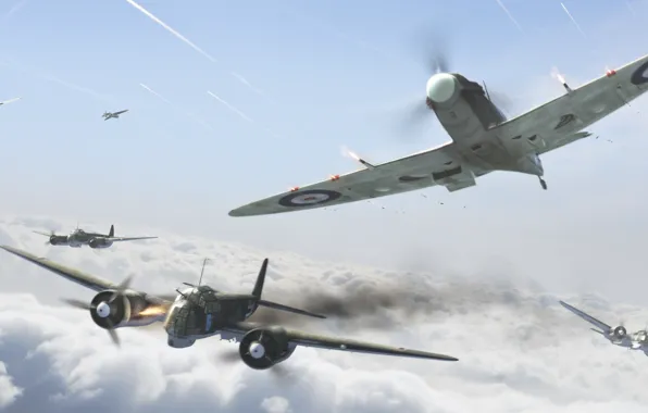 Картинка aircraft, war, spitfire, airplane, aviation, ww2, dogfight, ju-88