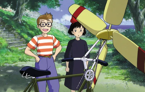 Картинка велосипед, парк, удивление, очки, лестница, пропеллер, парень, двое, ведьмина служба доставки, hayao miyazaki, kiki`s delivery …