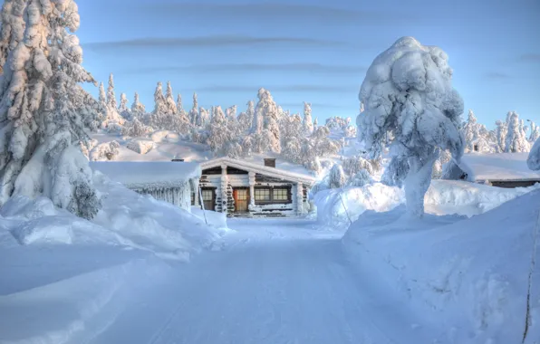 Картинка зима, дорога, небо, природа, домик, финляндия