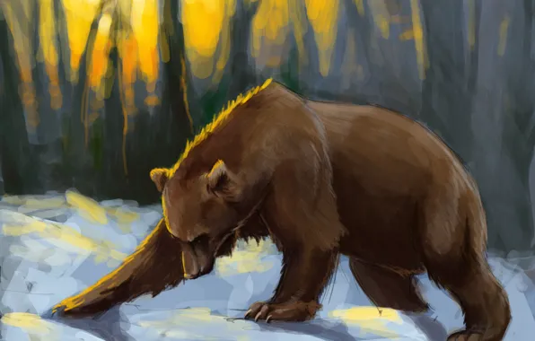 Картинка лес, снег, закат, медведь, арт, солнечные лучи, Brown bear