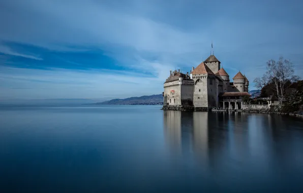 Картинка озеро, замок, башня, Швейцария, Chillon Castle, Шильйон