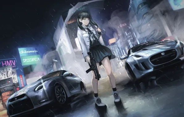 Картинка девушка, машины, оружие, зонт, Art, terabyte, rook777
