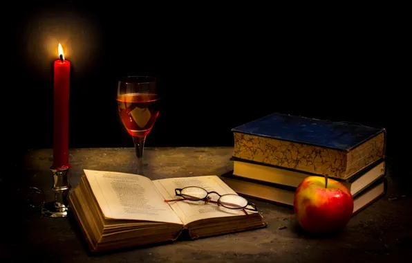 Картинка бокал, книги, яблоко, свеча, очки, Tranquillity in the dark