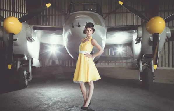 Картинка девушка, платье, самолёт, Vintage