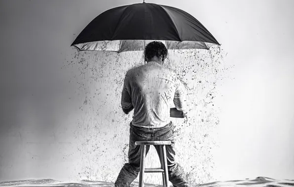 Картинка rain, boy, surreal, stool