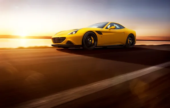 Картинка Ferrari, Speed, Front, Sun, Yellow, Supercar, Rosso, Novitec, 2015, California T