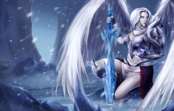 Картинка девушка, снег, фантастика, крылья, ангел, fantasy