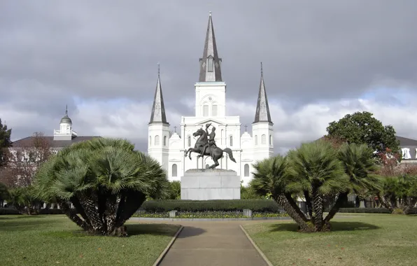 Картинка Cathedral, Confederate, New Orleans, Statue, Louisiana, Andrew Jackson, Andrew Jackson statue, Confederate statue