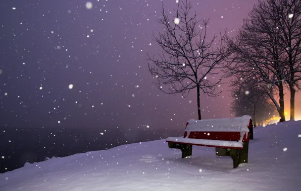 Картинка зима, снег, ночь, город, скамья