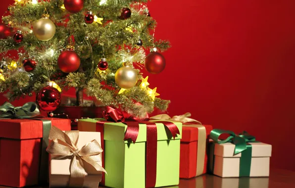 Картинка украшения, красный, шары, елка, лента, подарки, Новый год, red, золотой, gold, new year, balls, Merry …