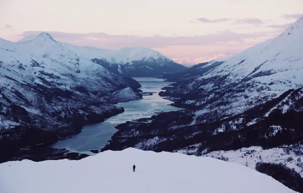 Картинка sunset, winter, mountains, lake, person