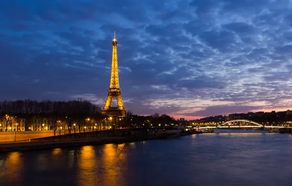 Картинка ночь, огни, река, эйфелева башня, Франция, Париж, Paris