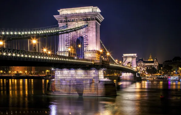 Картинка свет, ночь, город, отражение, река, Венгрия, Будапешт, Дунай, Budapest, Цепной мост Сечени, Magyarország, Széchenyi lánchíd
