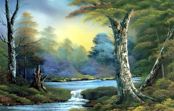 Картинка лес, небо, вода, деревья, пейзаж, ветки, река, ручей, картина, живопись, кусты, пенёк, Bob Ross, dark …