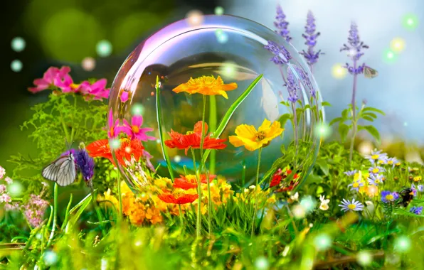 Картинка цветы, бабочка, мыльный пузырь