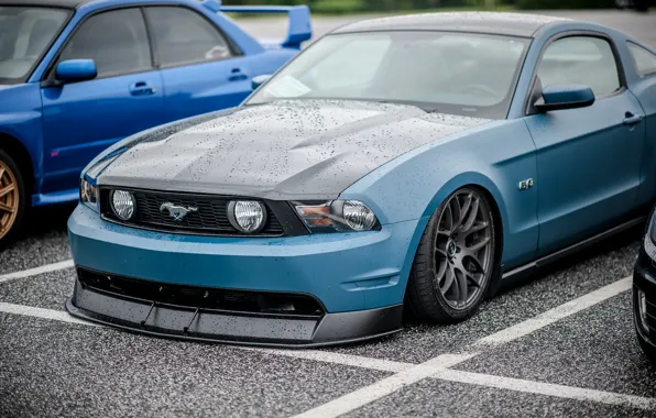 Картинка Mustang, Ford, Дорога, диски, blue, боком