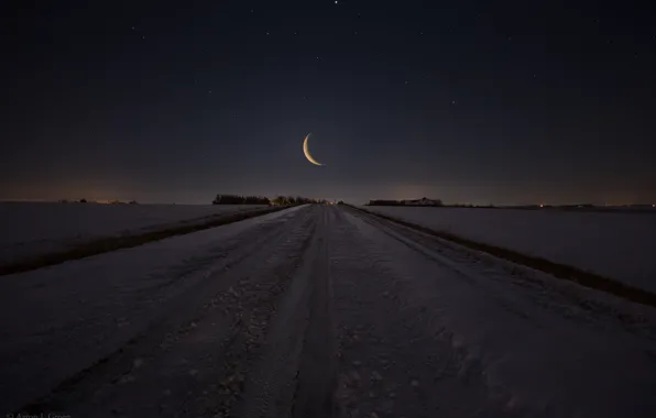 Картинка зима, дорога, поле, звезды, снег, луна