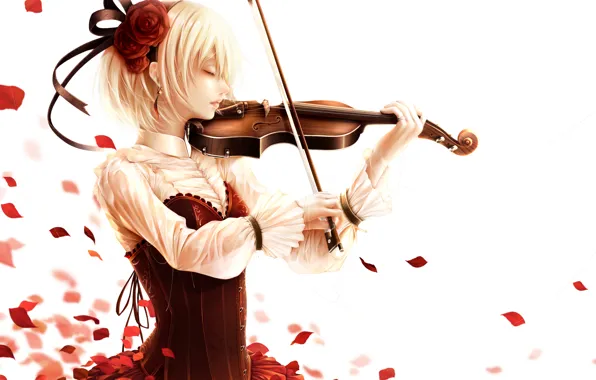 Картинка девушка, скрипка, роза, аниме, лепестки, арт, bouno satoshi